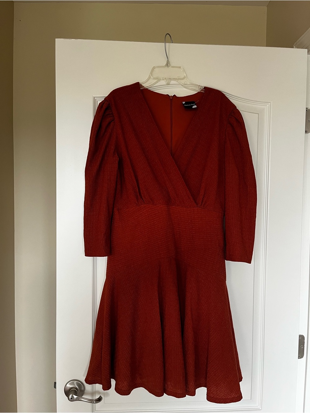Rust Red/Burnt Orange V-Neck Puff Sleeve Dress